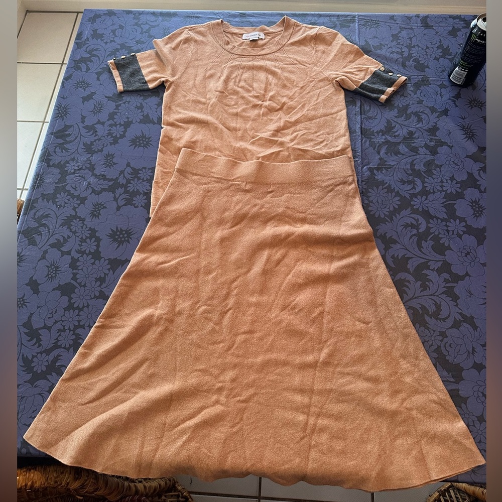 Small Liz Claiborne camel/tan shirt + skirt set (can be sold separately)